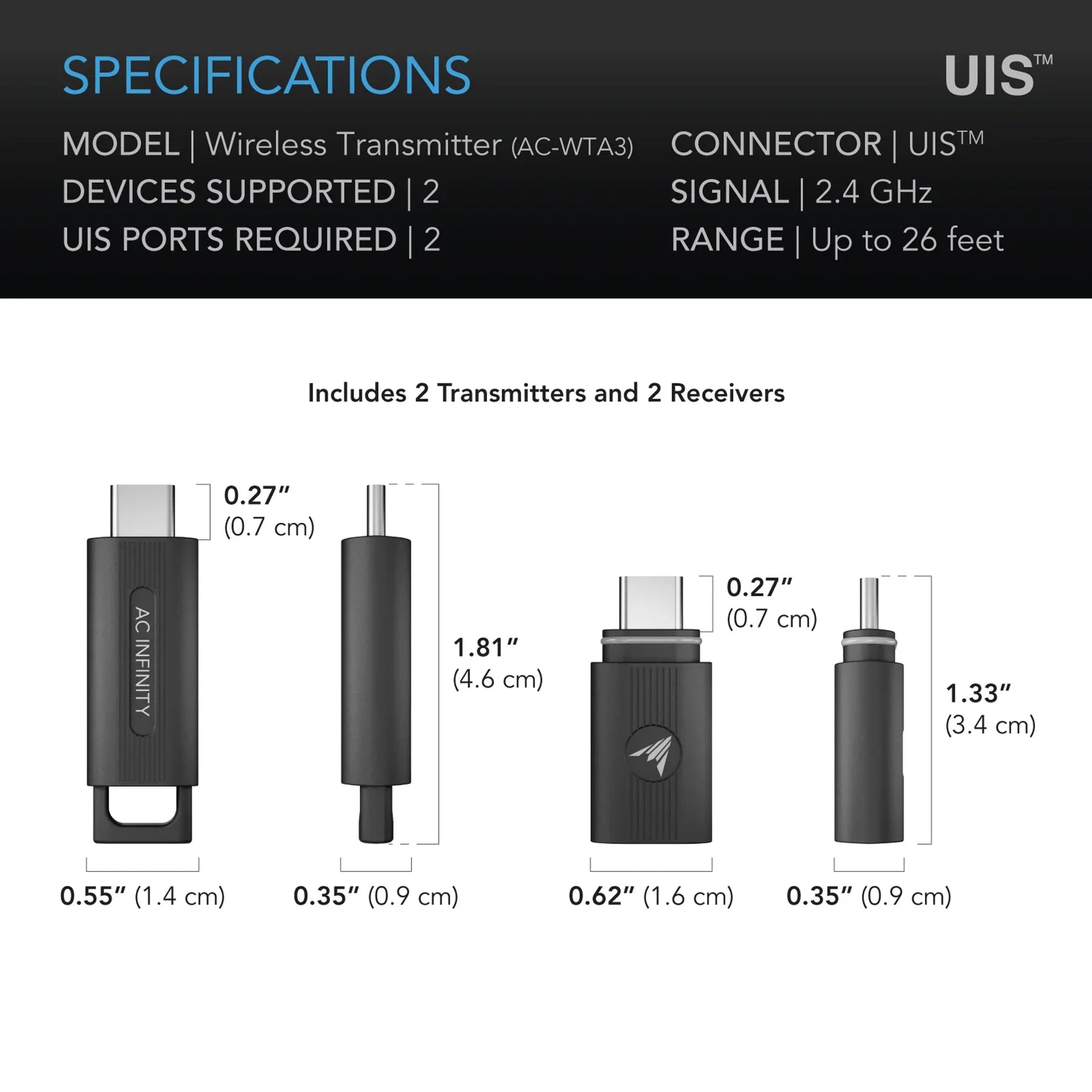 AC Infinity UIS Wirelss Transmitter - UIS 1-to-1 Transmitter & Receiver | Wirelessly Connects UIS Devices and Controllers, 2-Pack