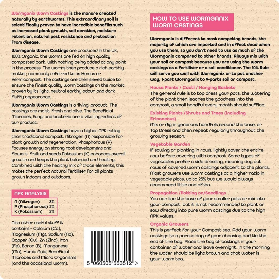 Fertilizante de compost de tierra Wormganix Peat Free Worm Humus
