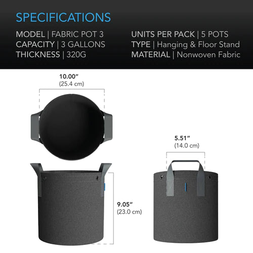Pots, Saucers, Bucket & Trays AC Infinity Heavy Duty Fabric Pots - 3 Gallon x 5