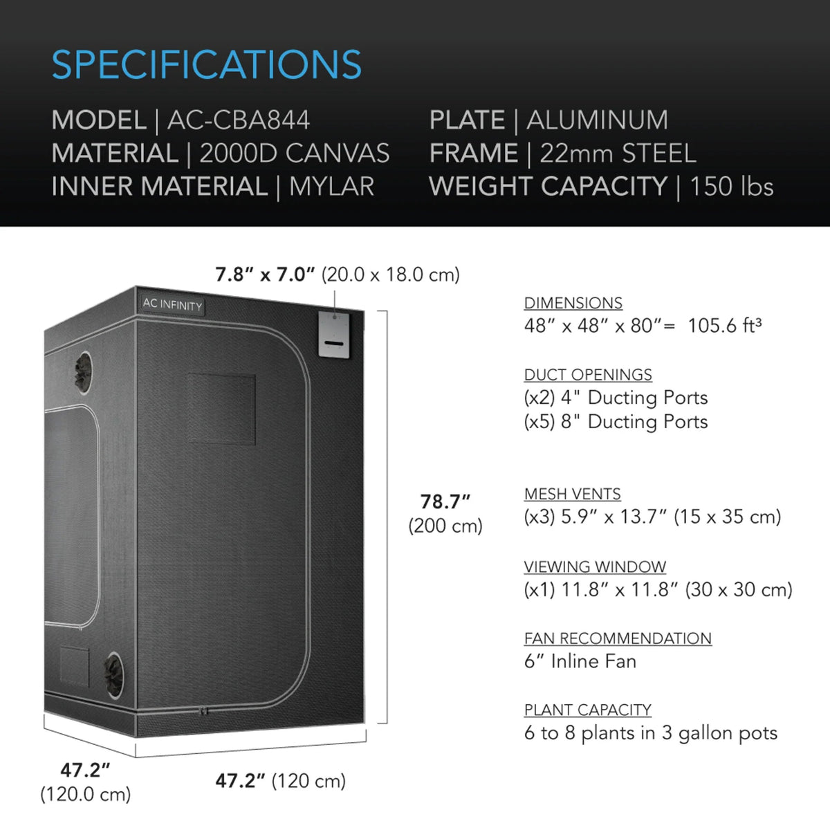 AC Infinity Cloudlab 844 Advance Grow Tent - 122 x 122 x 203cm (AC-CBA844)