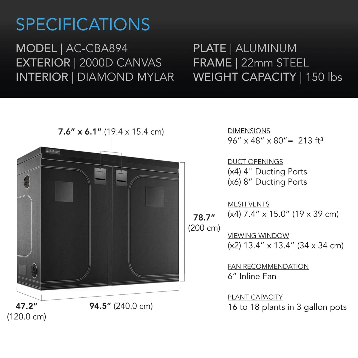 AC Infinity Cloudlab 894 Advance Grow Tent - 244 x 122 x 203cm (AC-CBA894)