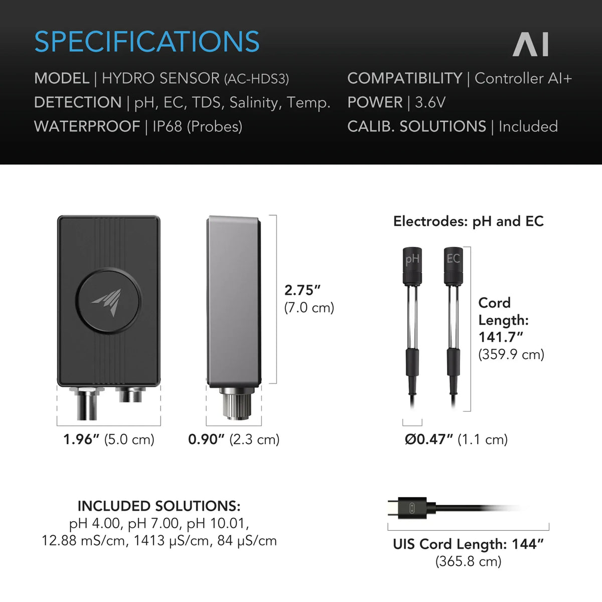 AC Infinity Hydro Sensor AI+ | pH-, EC-, TDS- und Wassertemperatur-Monitor für Controller AI+ (AC-HDS3)