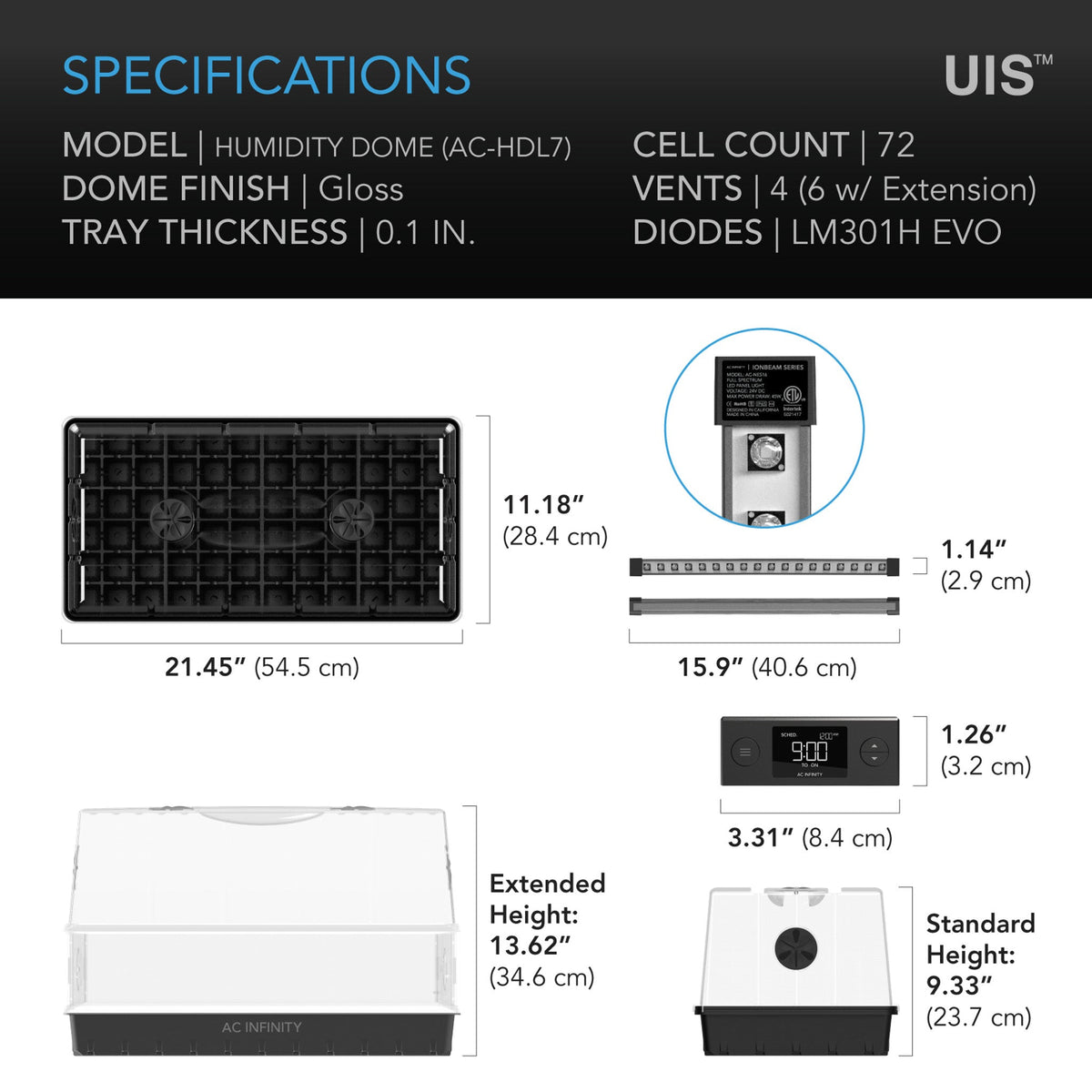 AC Infinity GROSSER 6 x 12 Schwerlast-Feuchtdom mit Höhenverlängerung und LED-Anbaueleisten (AC-HDL7)