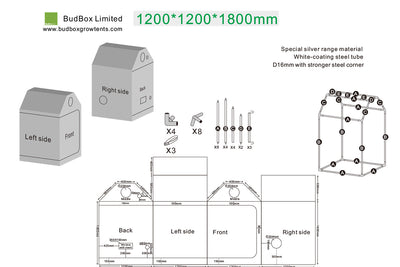 Bud Box Lite Silver Roof Grow Tent - 1.2m x 1.2m (120 x 120 x 180cm) Pitched Loft Tent with Metal Corners