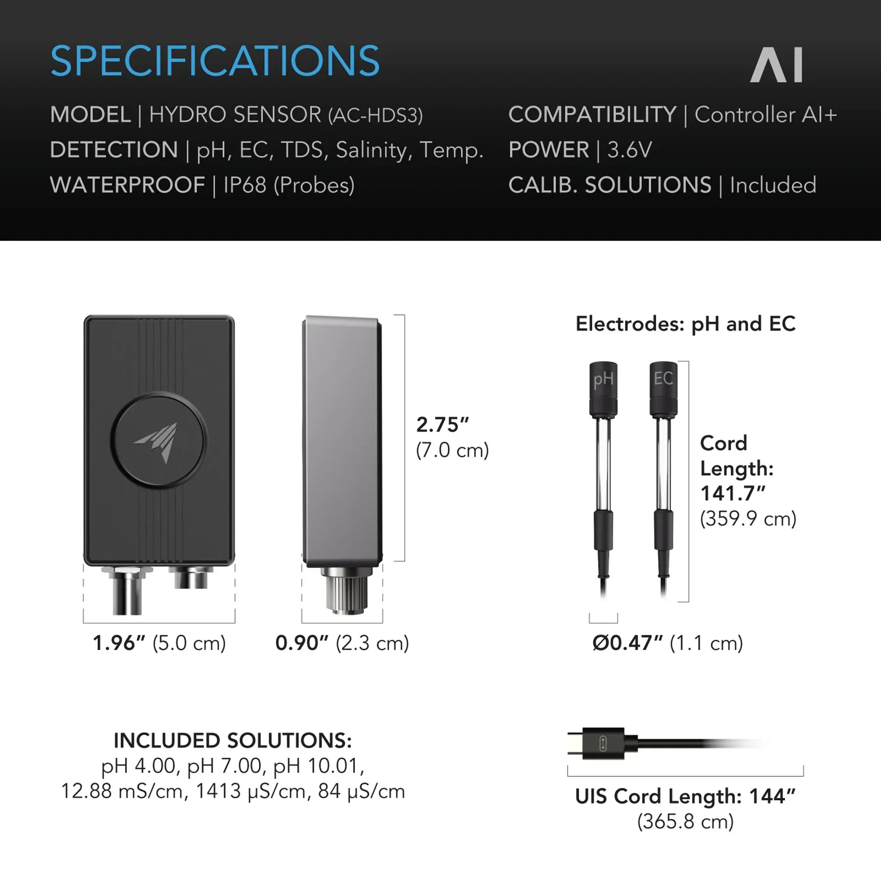 AC Infinity Hydro Sensor AI+ | pH, EC, TDS & Water Temp Monitor for Controller AI+ (AC-HDS3)