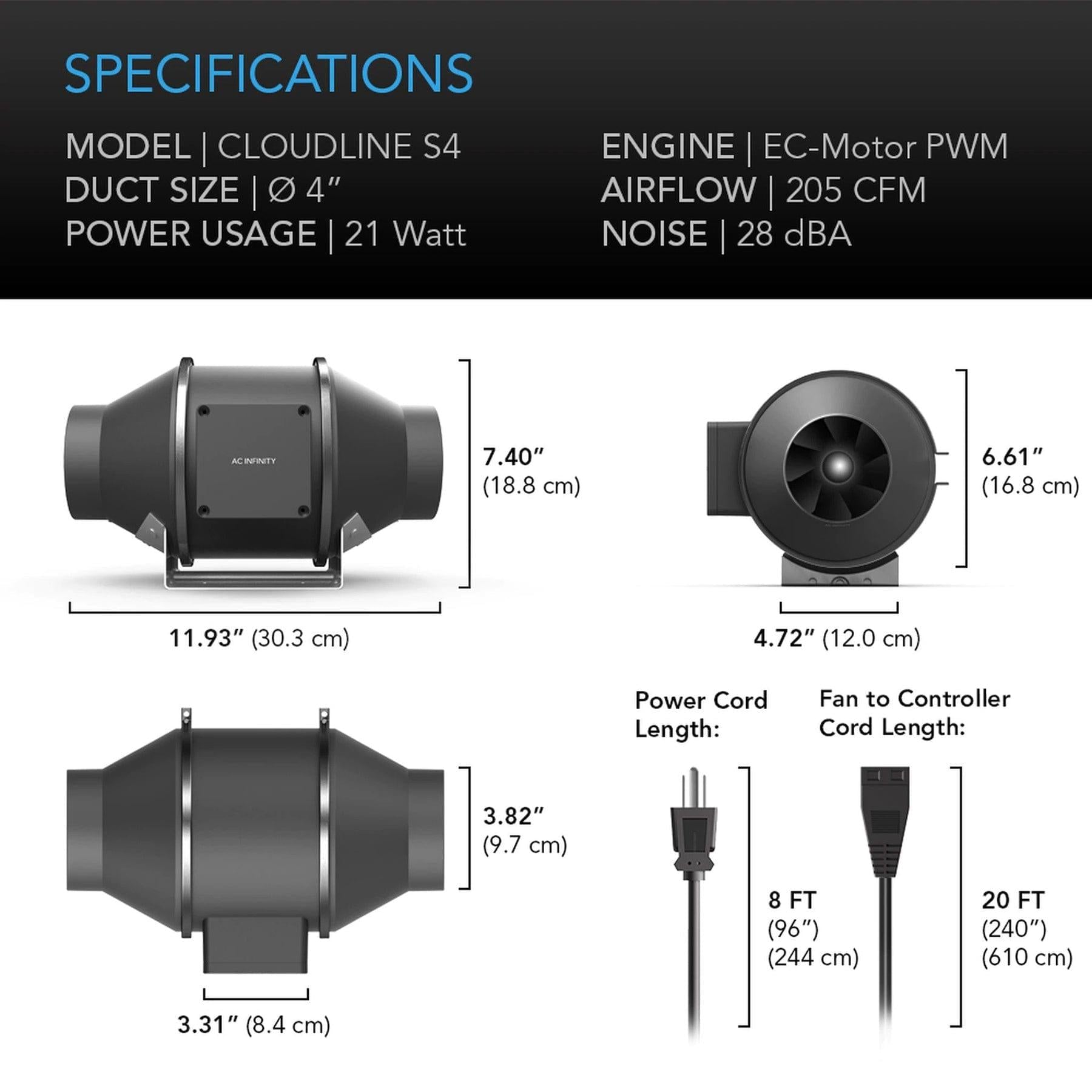 Duct Fan 4" - 348m3/h AC Inifinity Cloudline EC Fan S-series