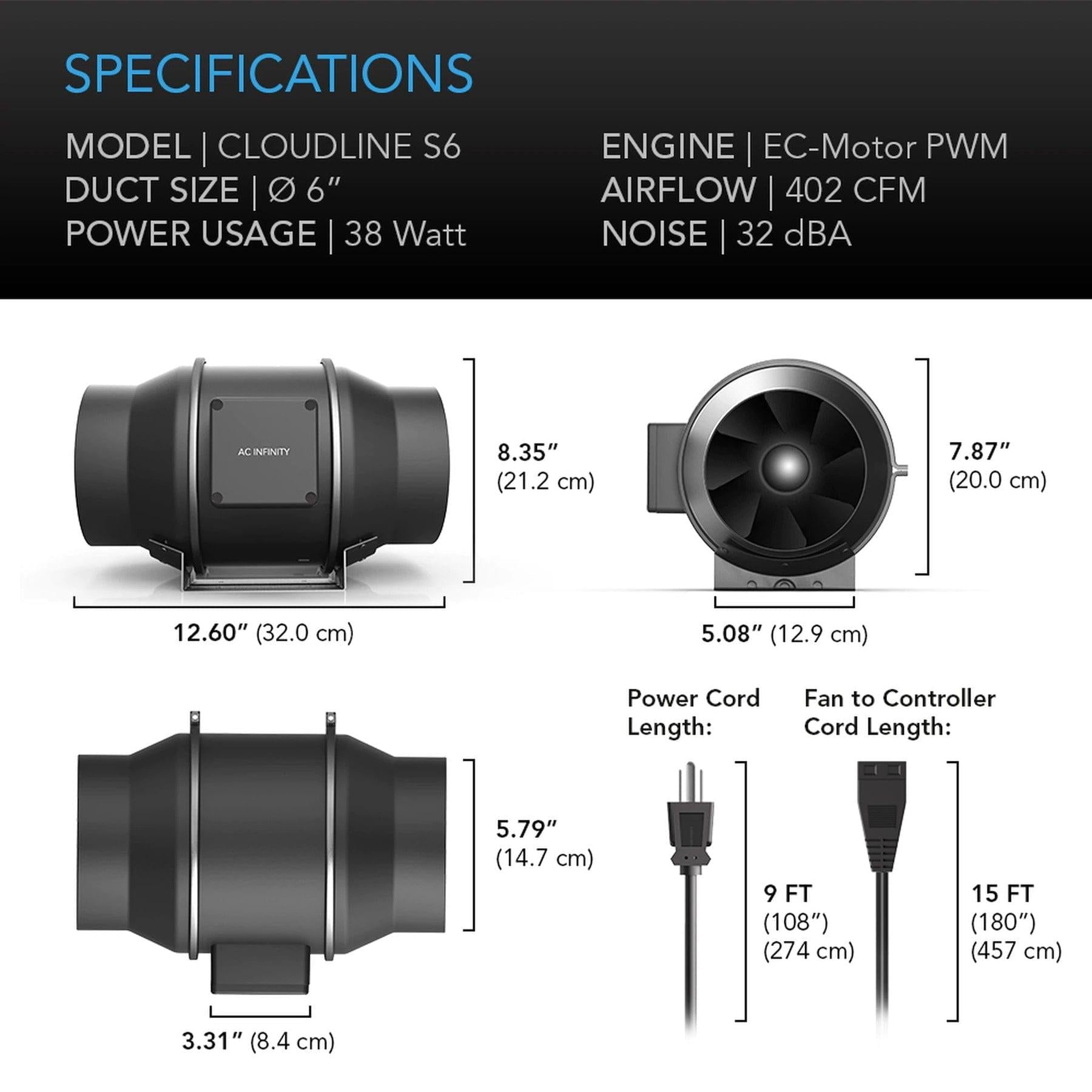Duct Fan 6" - 683m3/h AC Inifinity Cloudline EC Fan S-series