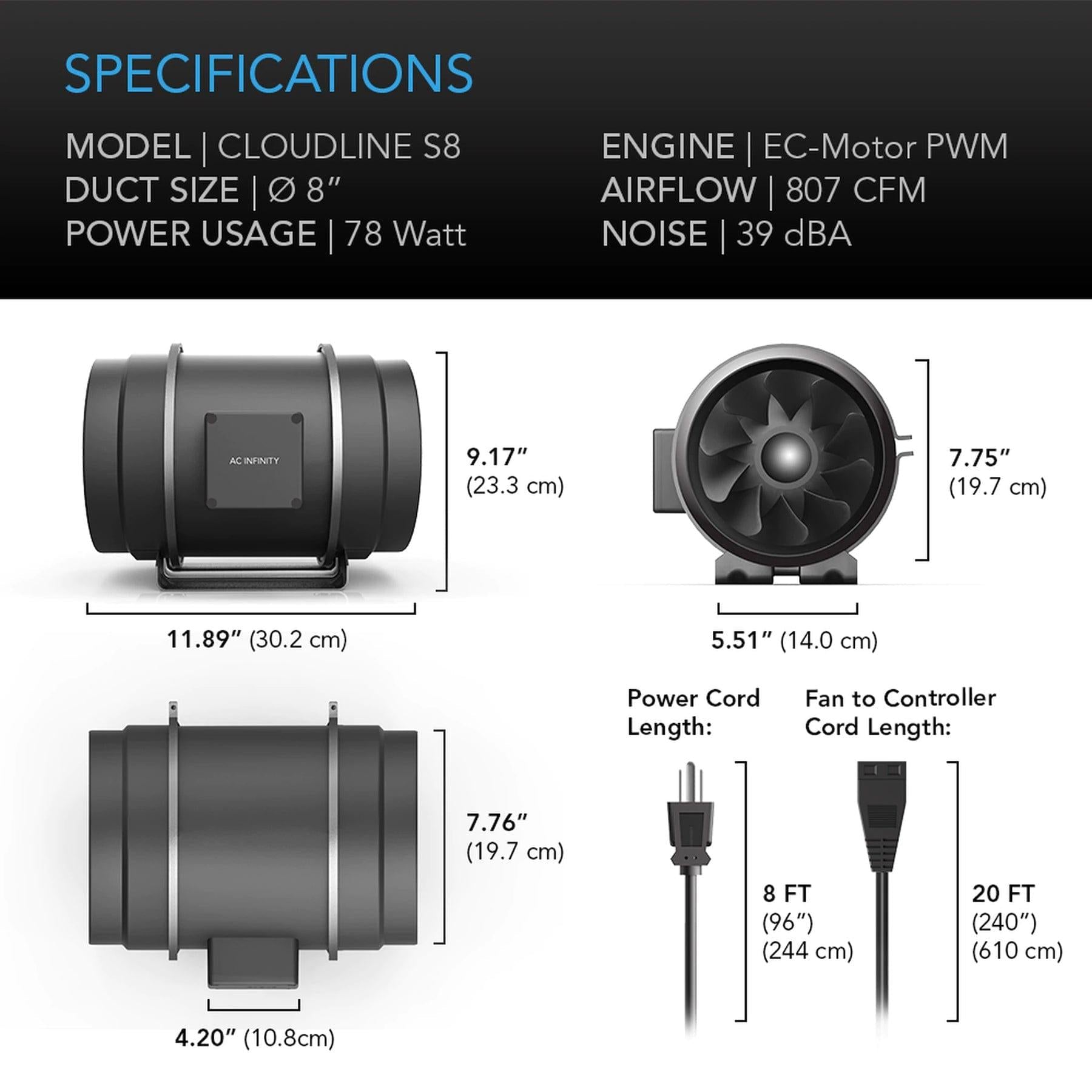 Duct Fan 8" - 1371m3/h AC Inifinity Cloudline EC Fan S-series